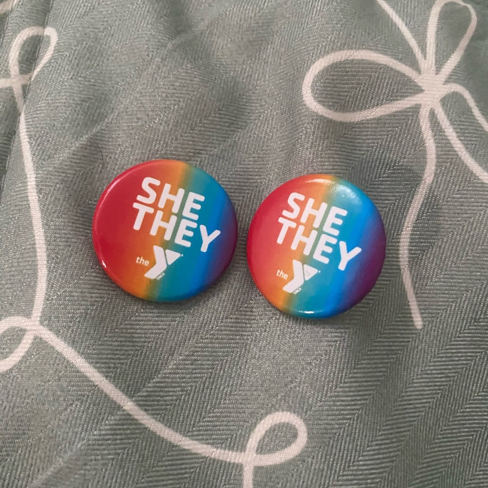 Set of 2 Rainbow She/They Pronoun Pins by the Y